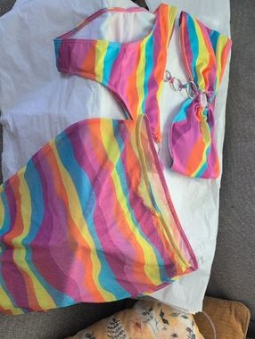 Rainbow Stripe Bikini Set with Ring Detail